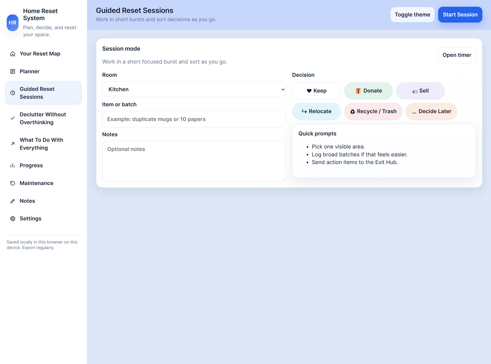 Guided Reset Sessions screen for short focused decluttering sessions