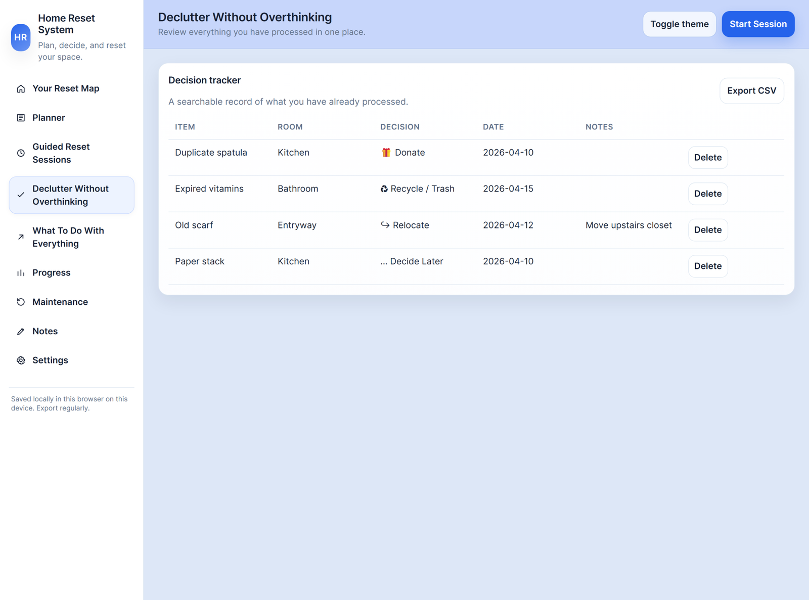 Decision tracker inside the Home Reset System