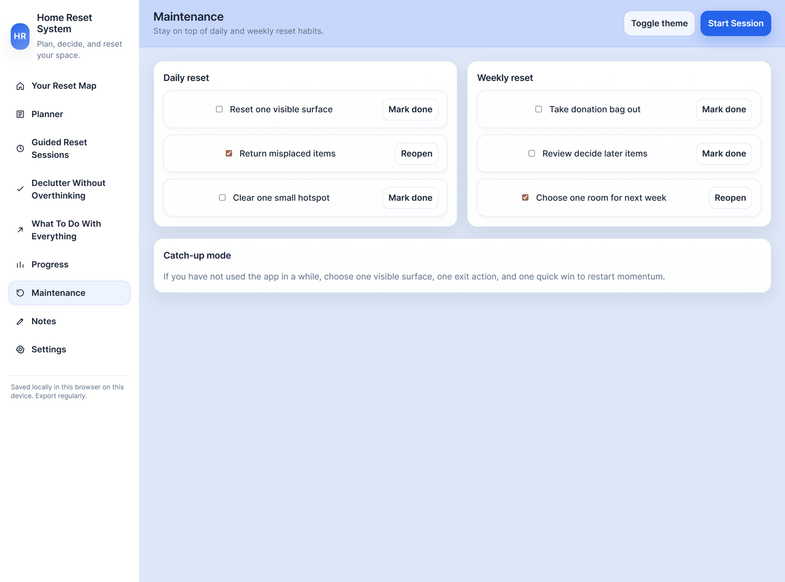Maintenance screen with daily and weekly reset habits