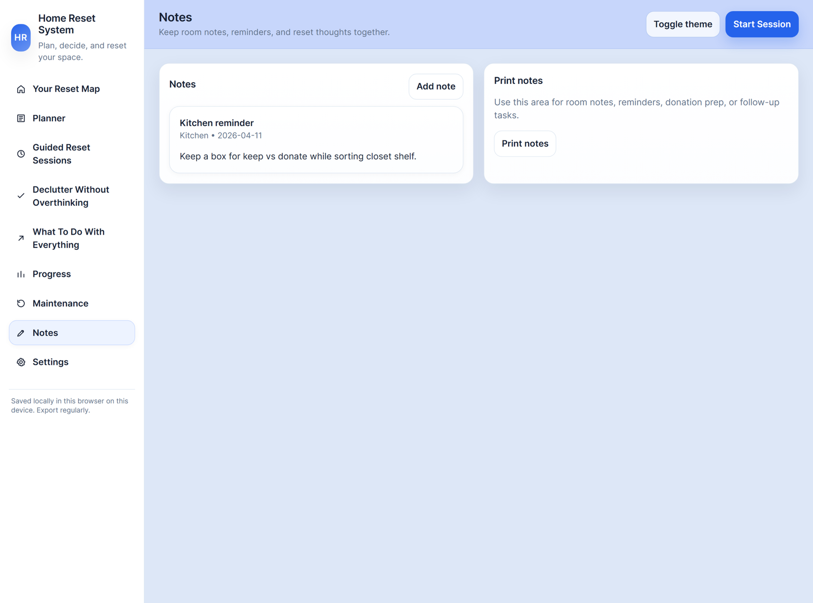 Notes section for reminders and room-specific reset notes