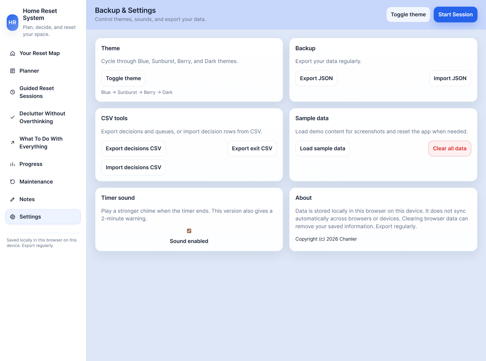 Backup and settings screen for theme changes and data export